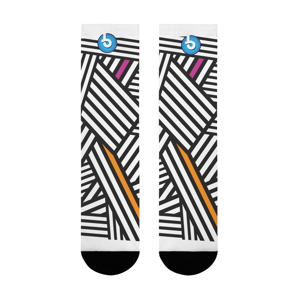 Bold Black & White Striped Crew Socks with Pink & Orange Accents