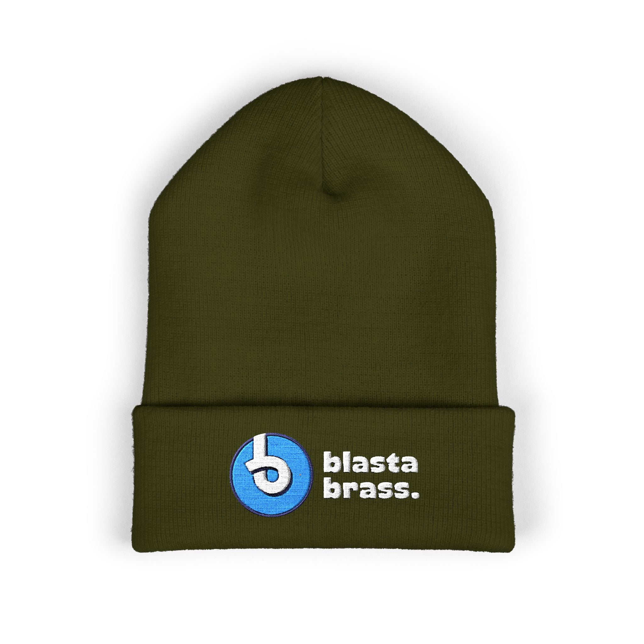 Blasta Brass Embroidered Cuffed Beanie — Olive Knit Winter Hat