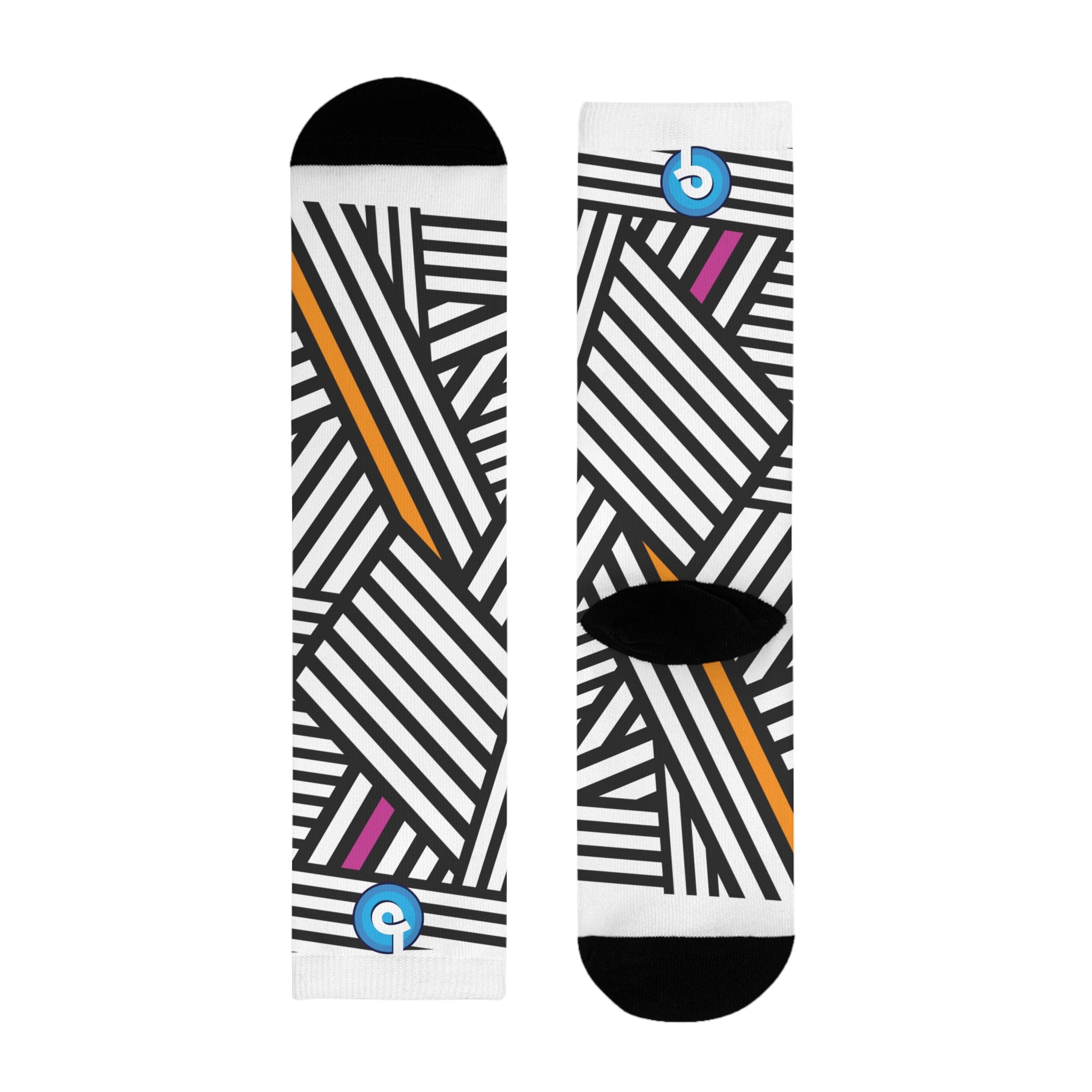 Bold Black & White Striped Crew Socks with Pink & Orange Accents