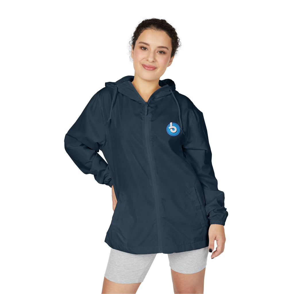 Windbreaker Jacket — Blue Target Logo Windbreaker with 'whitebe brave.' Back Print