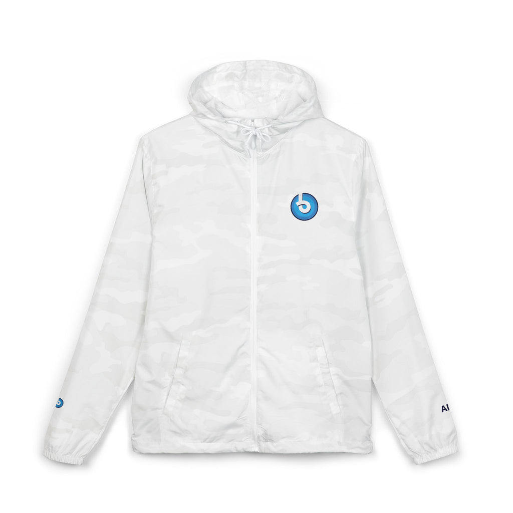 Windbreaker Jacket — Blue Target Logo Windbreaker with 'whitebe brave.' Back Print