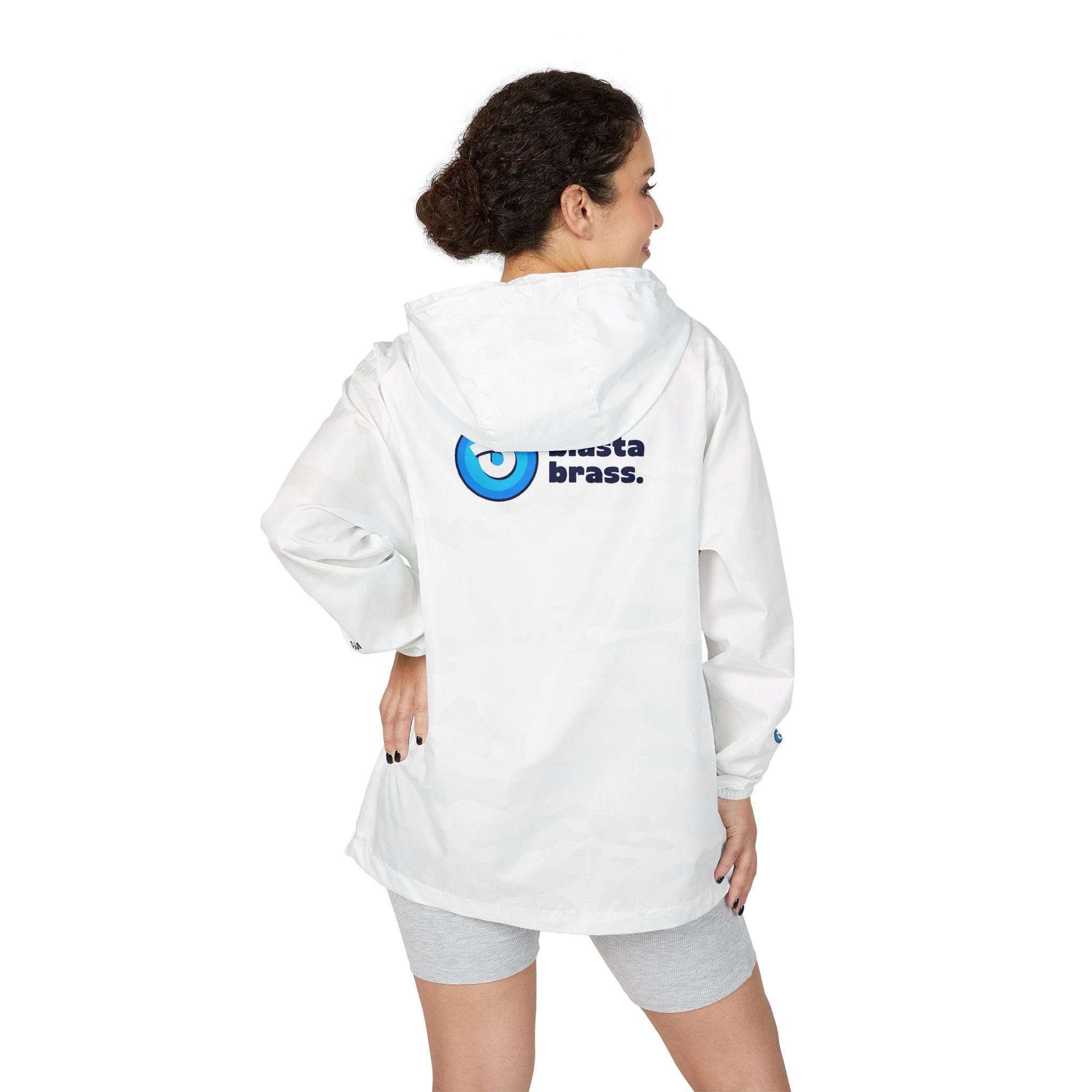 Windbreaker Jacket — Blue Target Logo Windbreaker with 'whitebe brave.' Back Print
