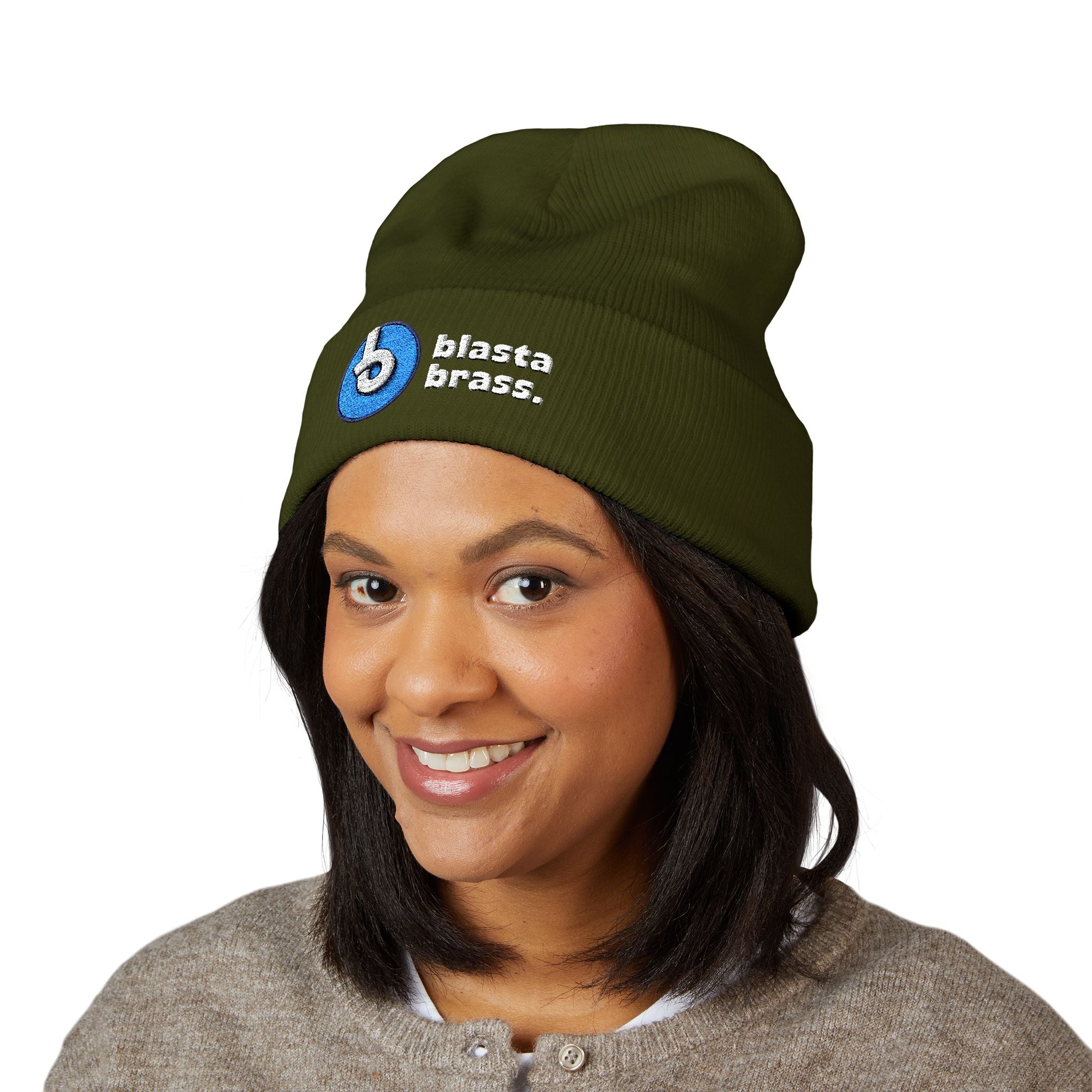 Blasta Brass Embroidered Cuffed Beanie — Olive Knit Winter Hat