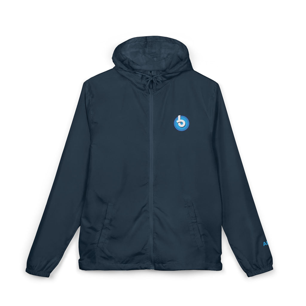 Windbreaker Jacket — Blue Target Logo Windbreaker with 'whitebe brave.' Back Print
