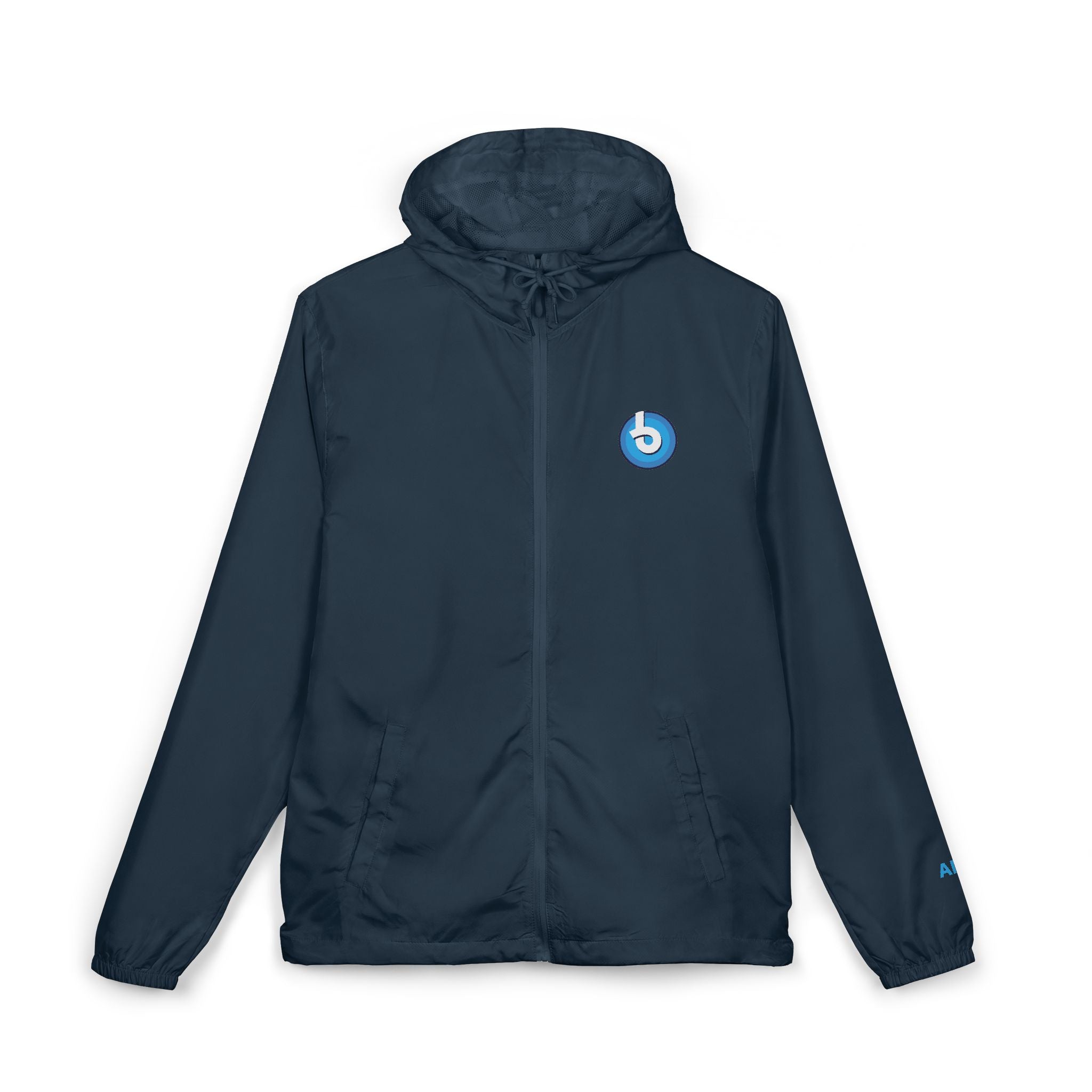 Windbreaker Jacket — Blue Target Logo Windbreaker with 'whitebe brave.' Back Print