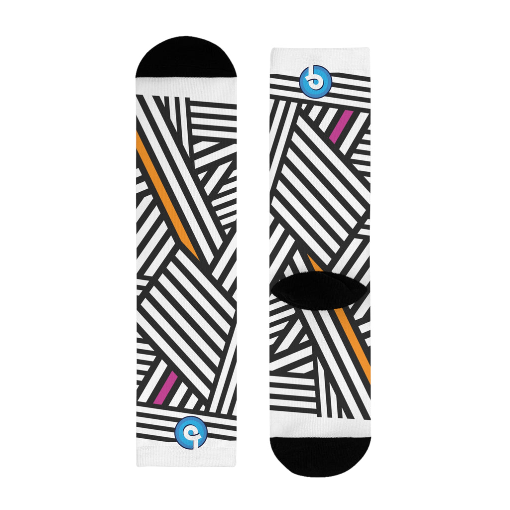 Bold Black & White Striped Crew Socks with Pink & Orange Accents