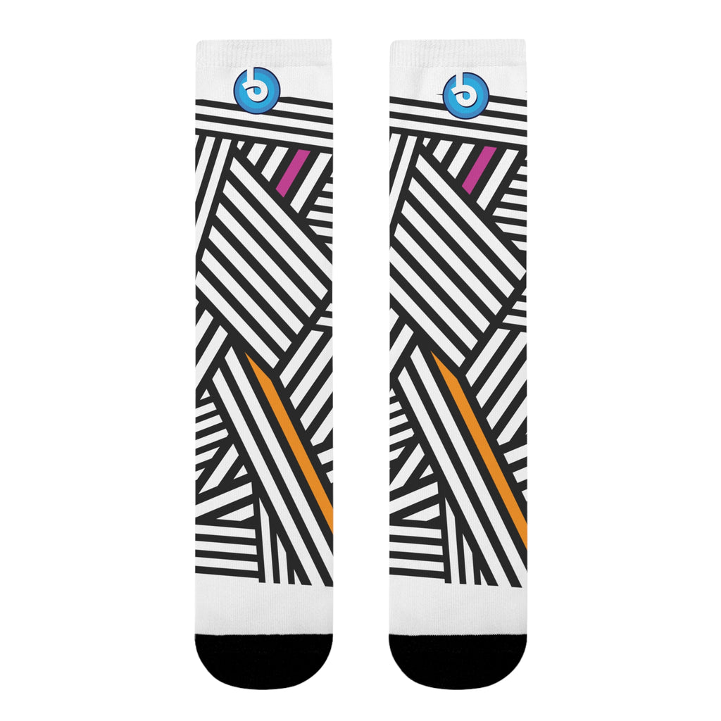 Bold Black & White Striped Crew Socks with Pink & Orange Accents