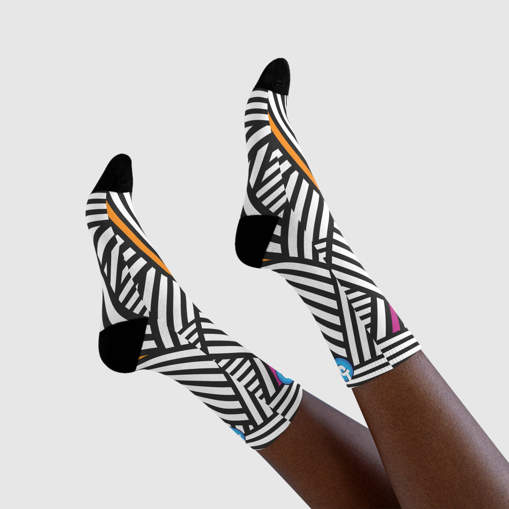 Bold Black & White Striped Crew Socks with Pink & Orange Accents
