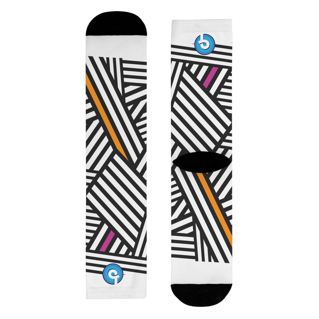 Bold Black & White Striped Crew Socks with Pink & Orange Accents
