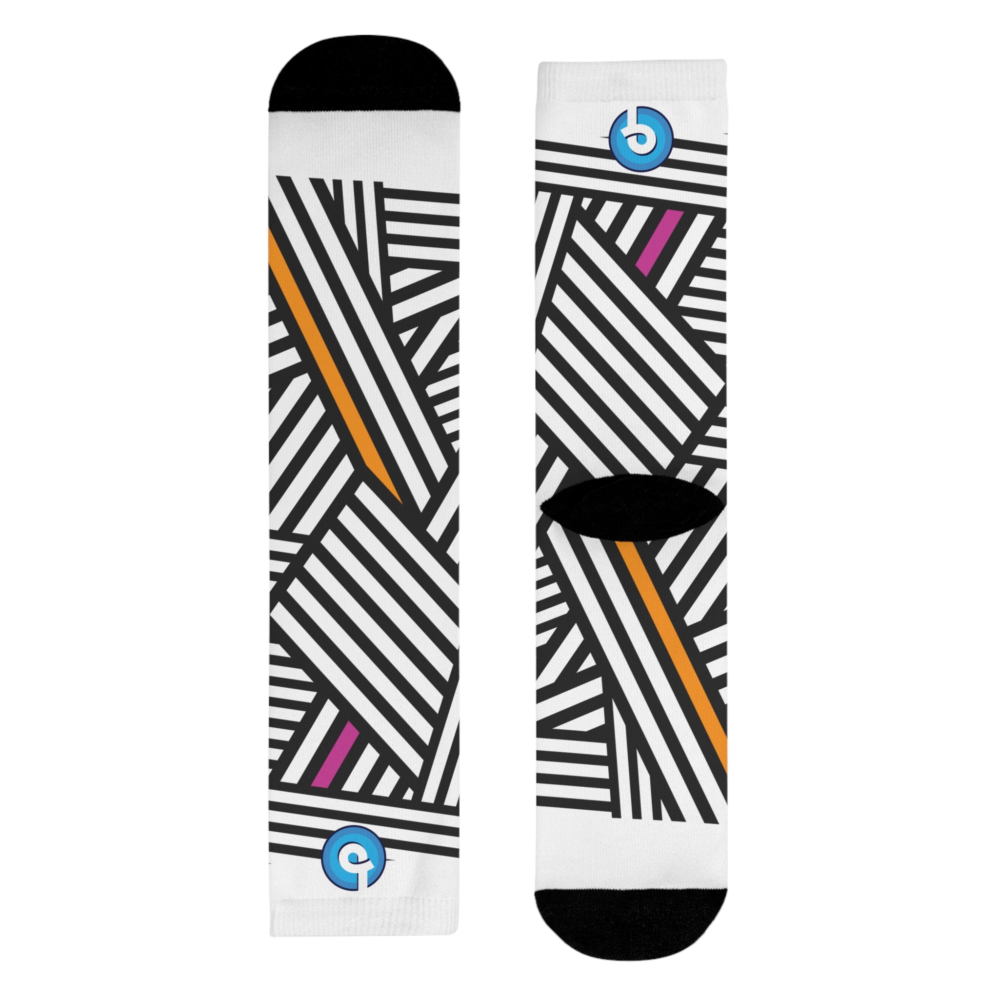 Bold Black & White Striped Crew Socks with Pink & Orange Accents