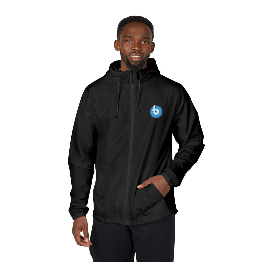 Windbreaker Jacket — Blue Target Logo Windbreaker with 'whitebe brave.' Back Print