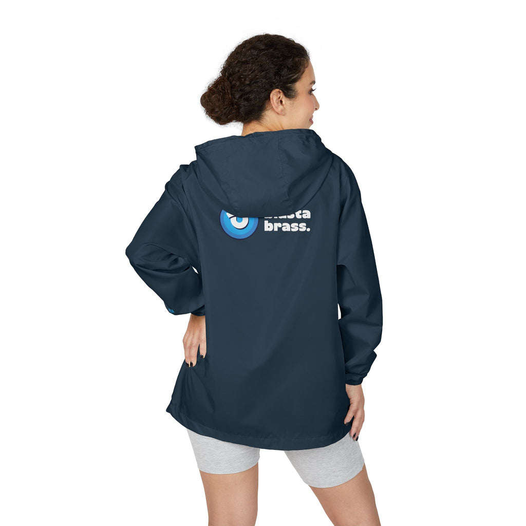 Windbreaker Jacket — Blue Target Logo Windbreaker with 'whitebe brave.' Back Print