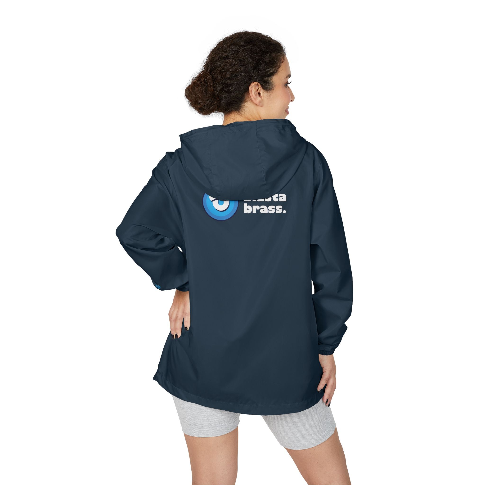 Windbreaker Jacket — Blue Target Logo Windbreaker with 'whitebe brave.' Back Print