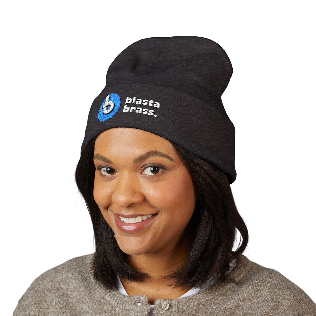 Blasta Brass Embroidered Cuffed Beanie — Olive Knit Winter Hat