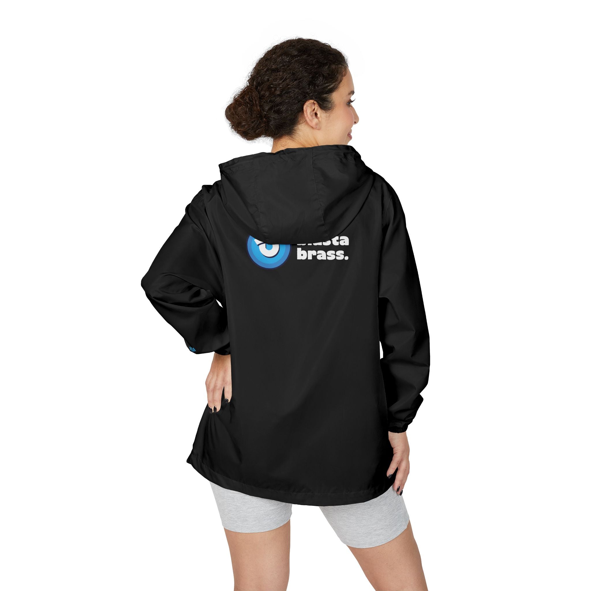 Windbreaker Jacket — Blue Target Logo Windbreaker with 'whitebe brave.' Back Print