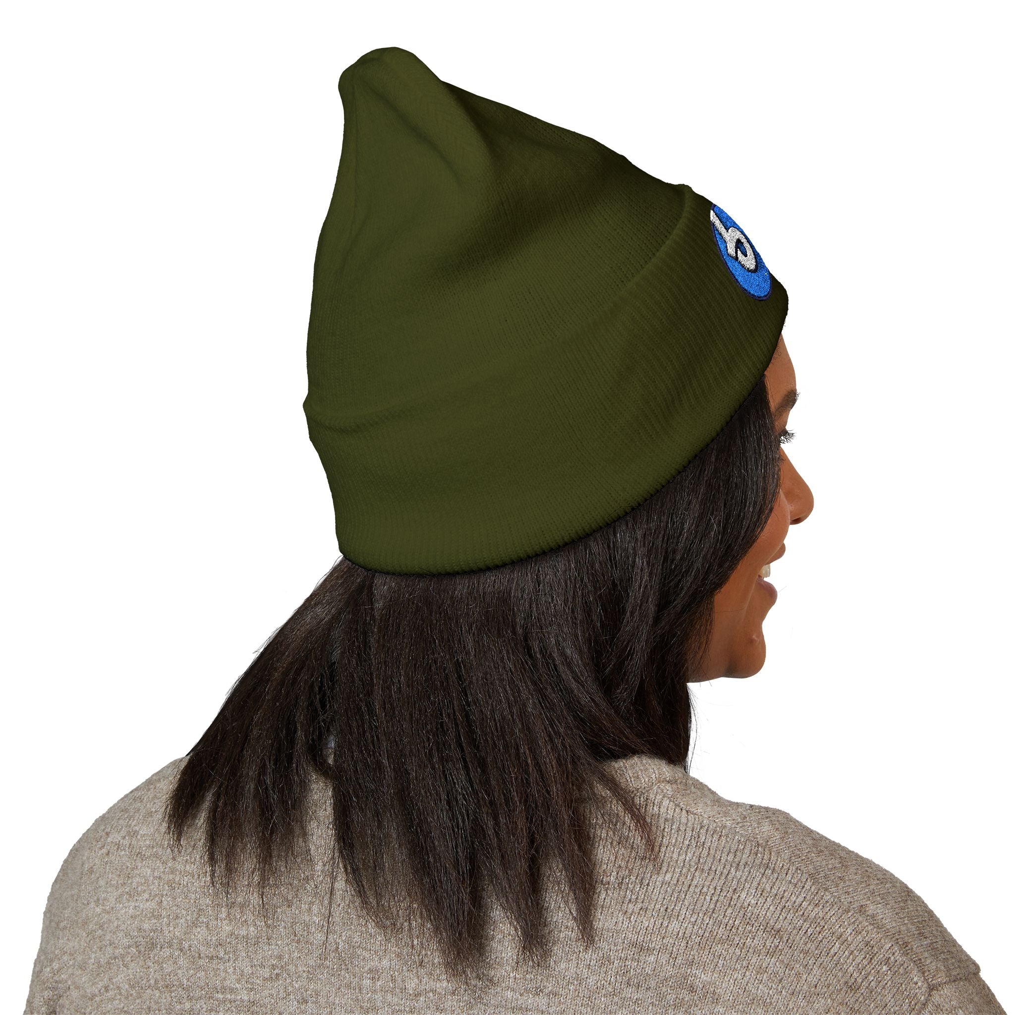 Blasta Brass Embroidered Cuffed Beanie — Olive Knit Winter Hat