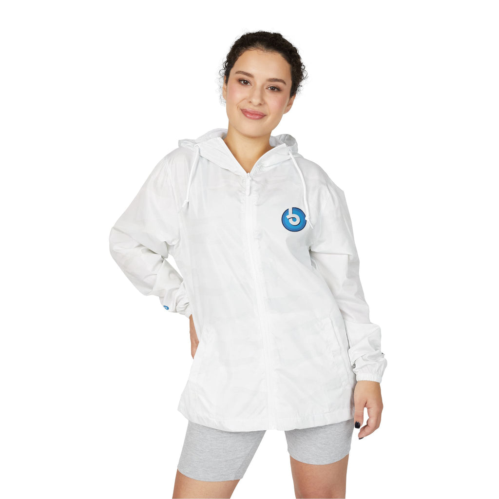 Windbreaker Jacket — Blue Target Logo Windbreaker with 'whitebe brave.' Back Print