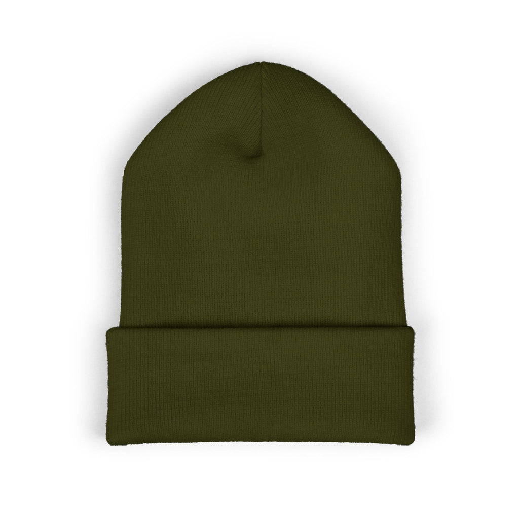 Blasta Brass Embroidered Cuffed Beanie — Olive Knit Winter Hat