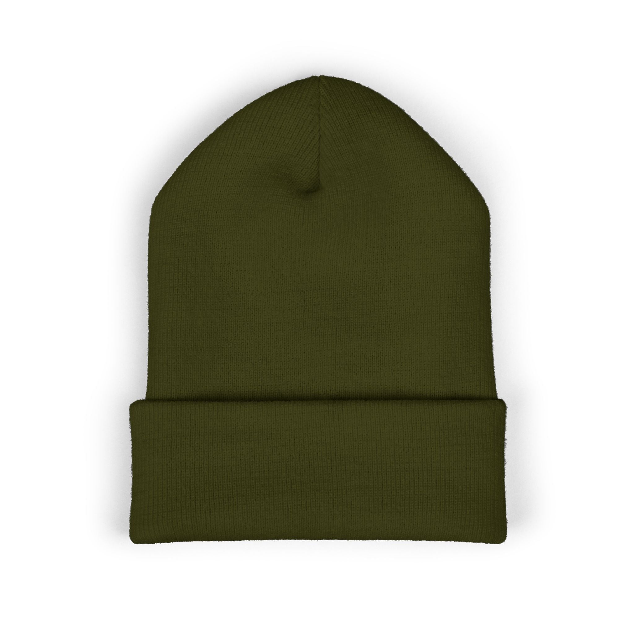 Blasta Brass Embroidered Cuffed Beanie — Olive Knit Winter Hat