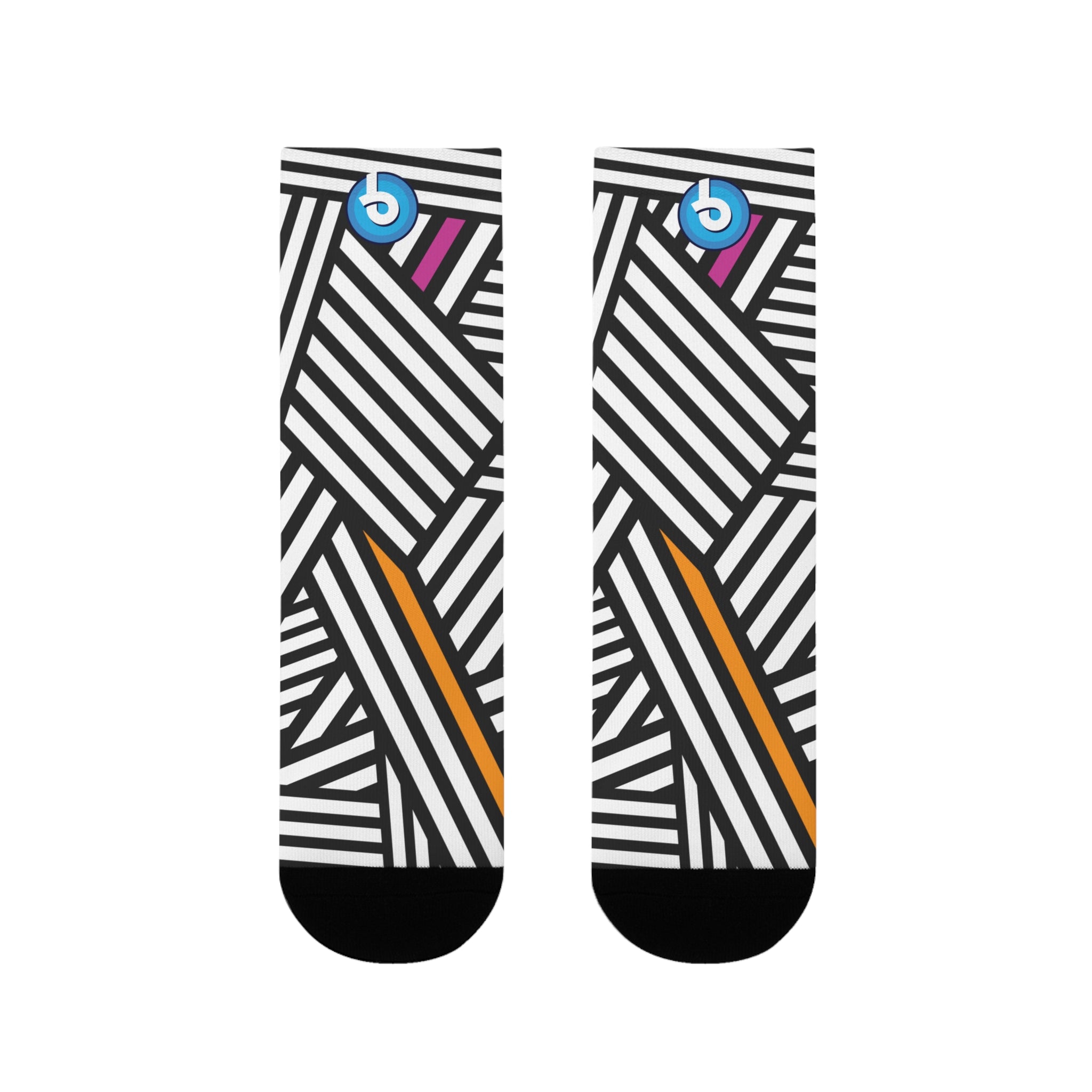 Bold Black & White Striped Crew Socks with Pink & Orange Accents