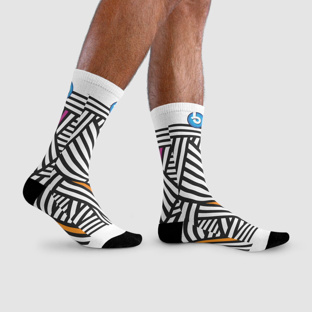 Bold Black & White Striped Crew Socks with Pink & Orange Accents