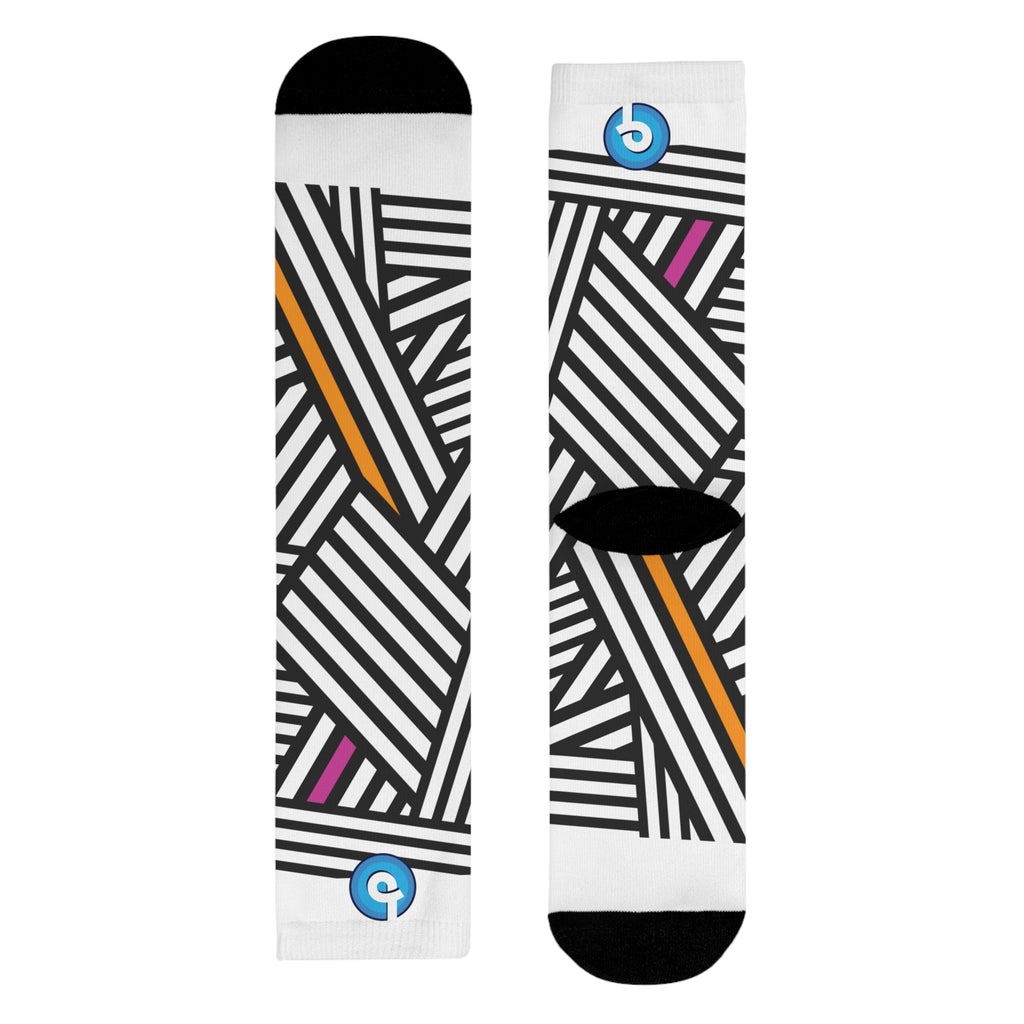 Bold Black & White Striped Crew Socks with Pink & Orange Accents