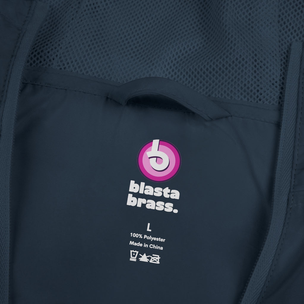 Windbreaker Jacket — Blue Target Logo Windbreaker with 'whitebe brave.' Back Print