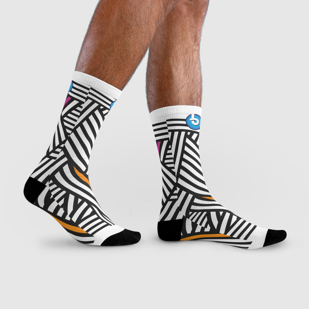 Bold Black & White Striped Crew Socks with Pink & Orange Accents