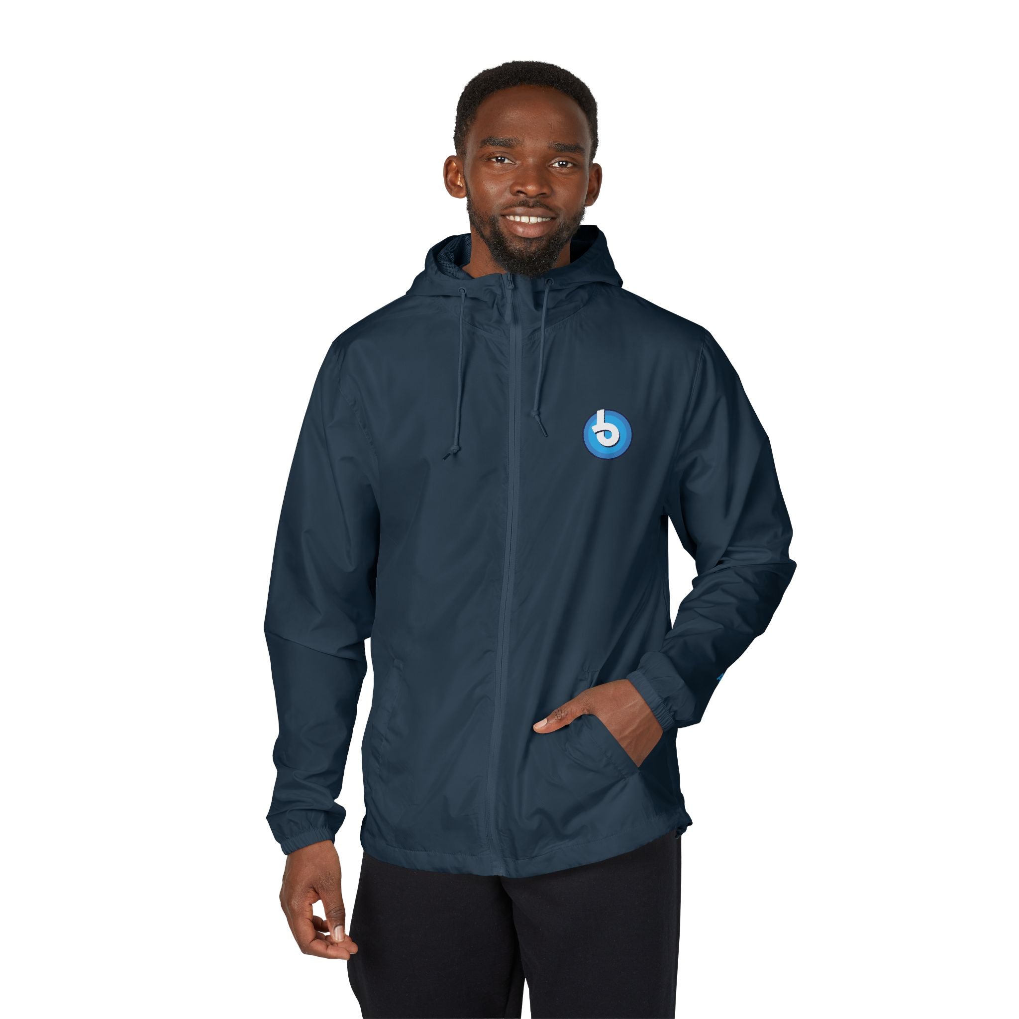 Windbreaker Jacket — Blue Target Logo Windbreaker with 'whitebe brave.' Back Print
