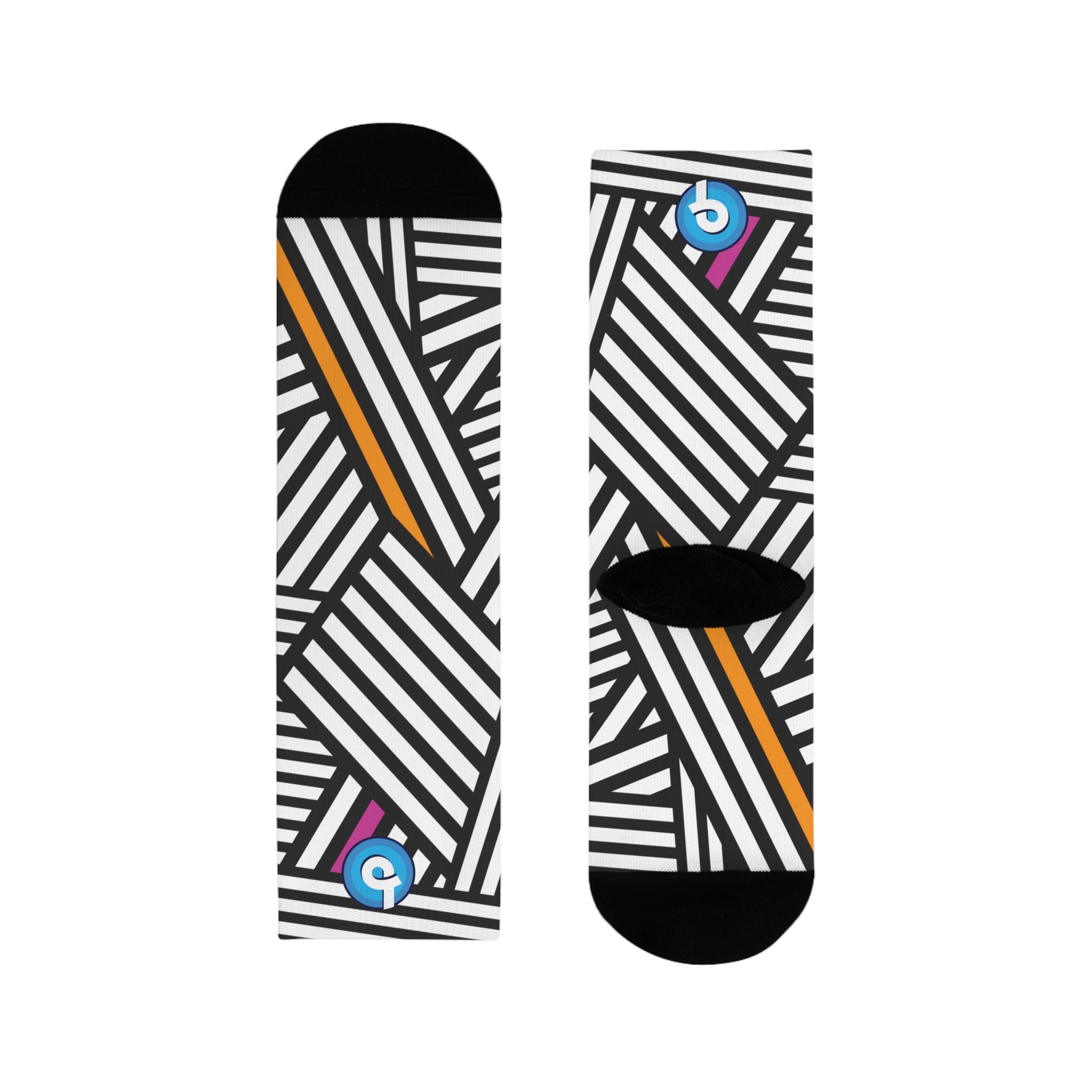 Bold Black & White Striped Crew Socks with Pink & Orange Accents