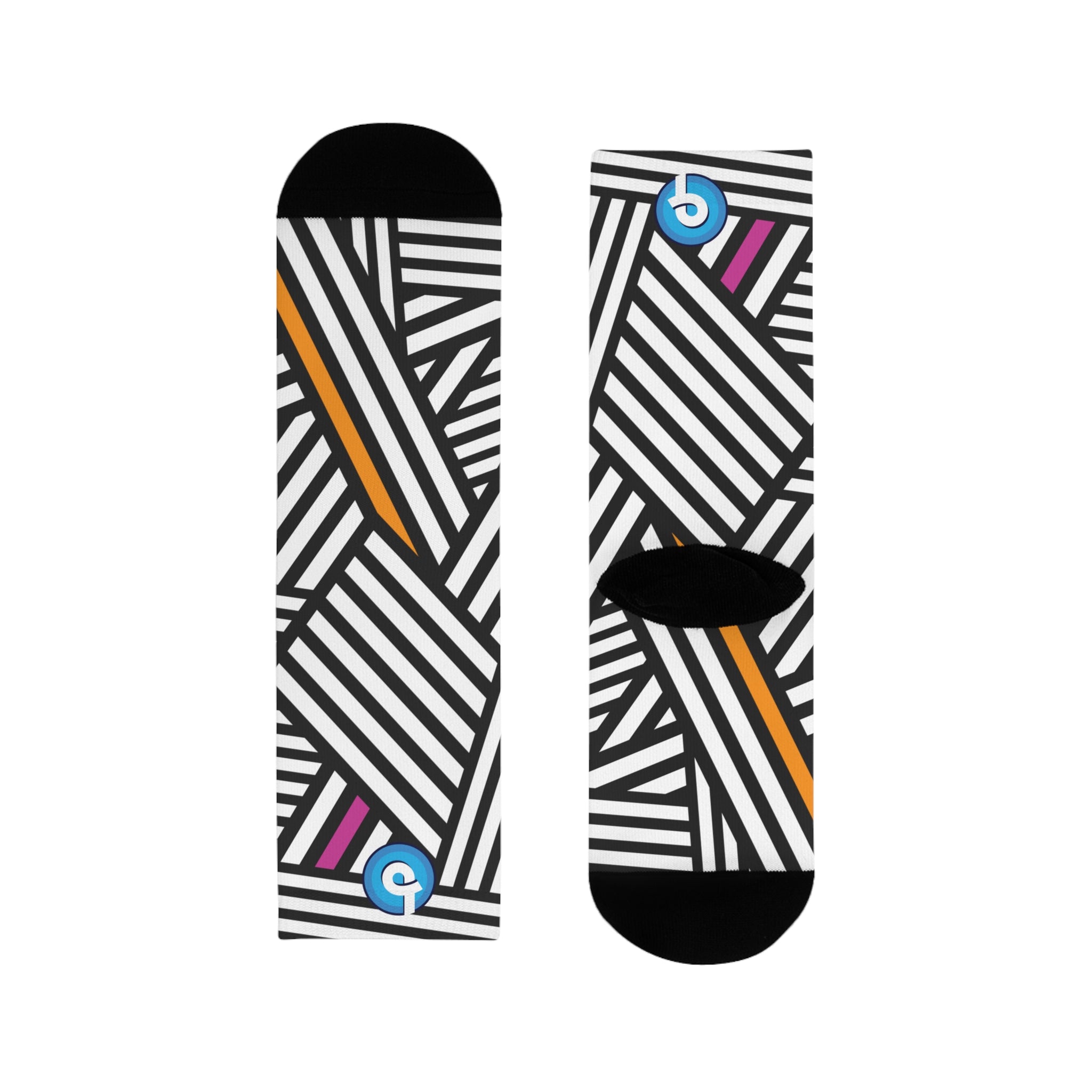 Bold Black & White Striped Crew Socks with Pink & Orange Accents