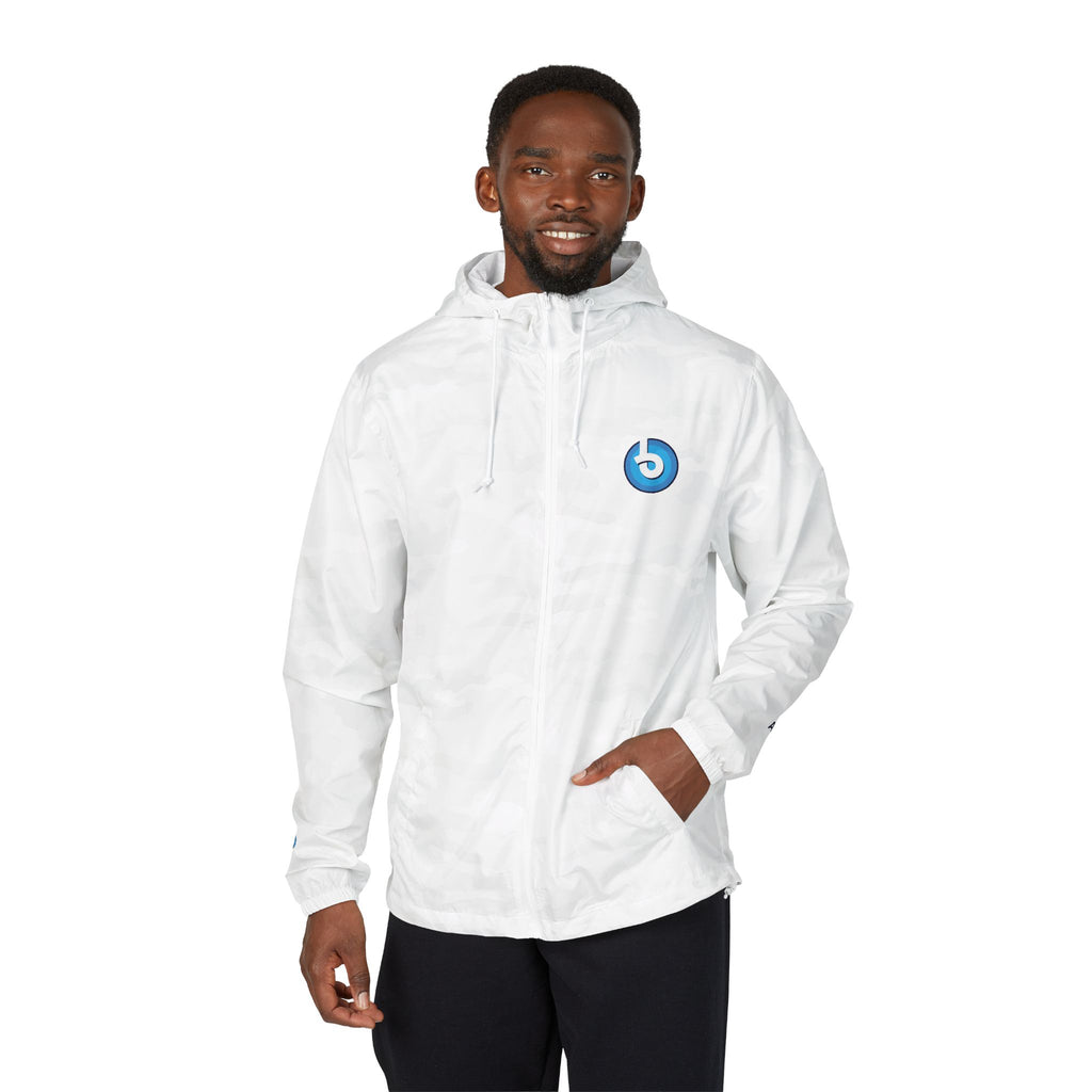 Windbreaker Jacket — Blue Target Logo Windbreaker with 'whitebe brave.' Back Print